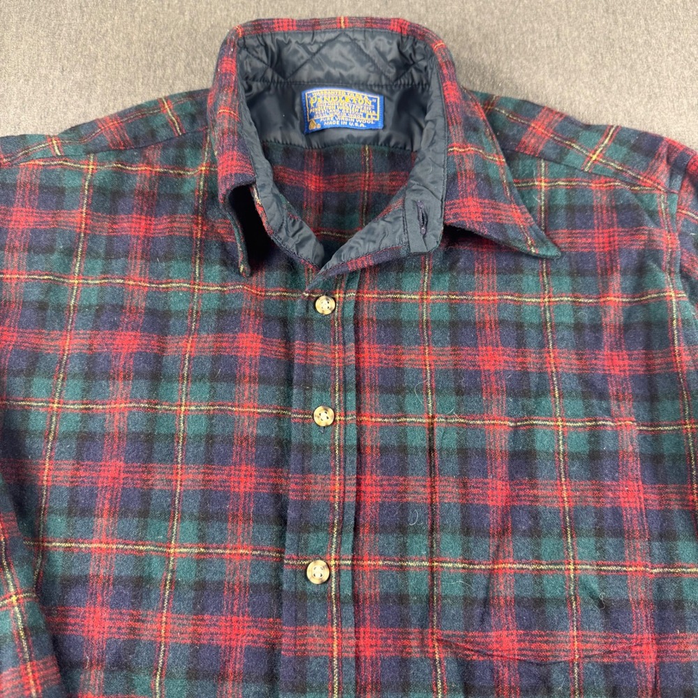 Pendleton Mens Vintage Wool Flannel Shirt Red Green Plaid Made in USA Large